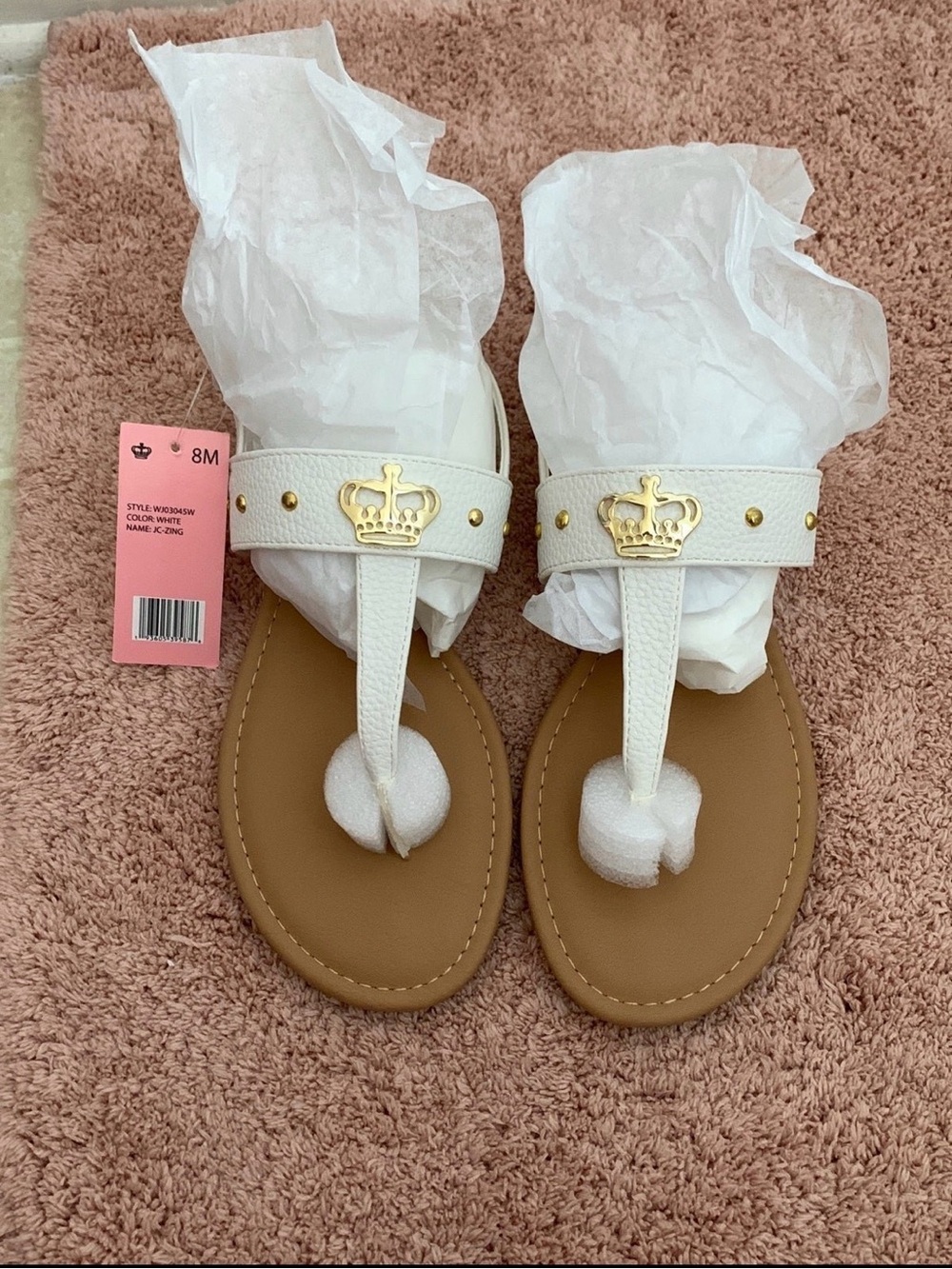 Juicy Couture White T-Strap Sandals with Gold Crown Accents